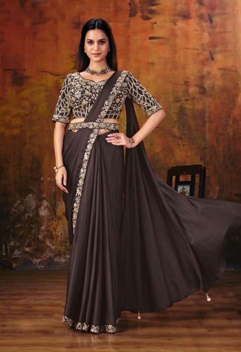 Deep Brown Embroidered Wedding Party Designer Saree